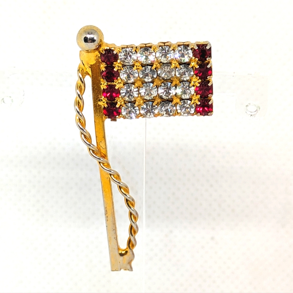 Vintage Rhinestone Brooch Flag Gold Tone Sparkling Clear and Red Crystal Pin